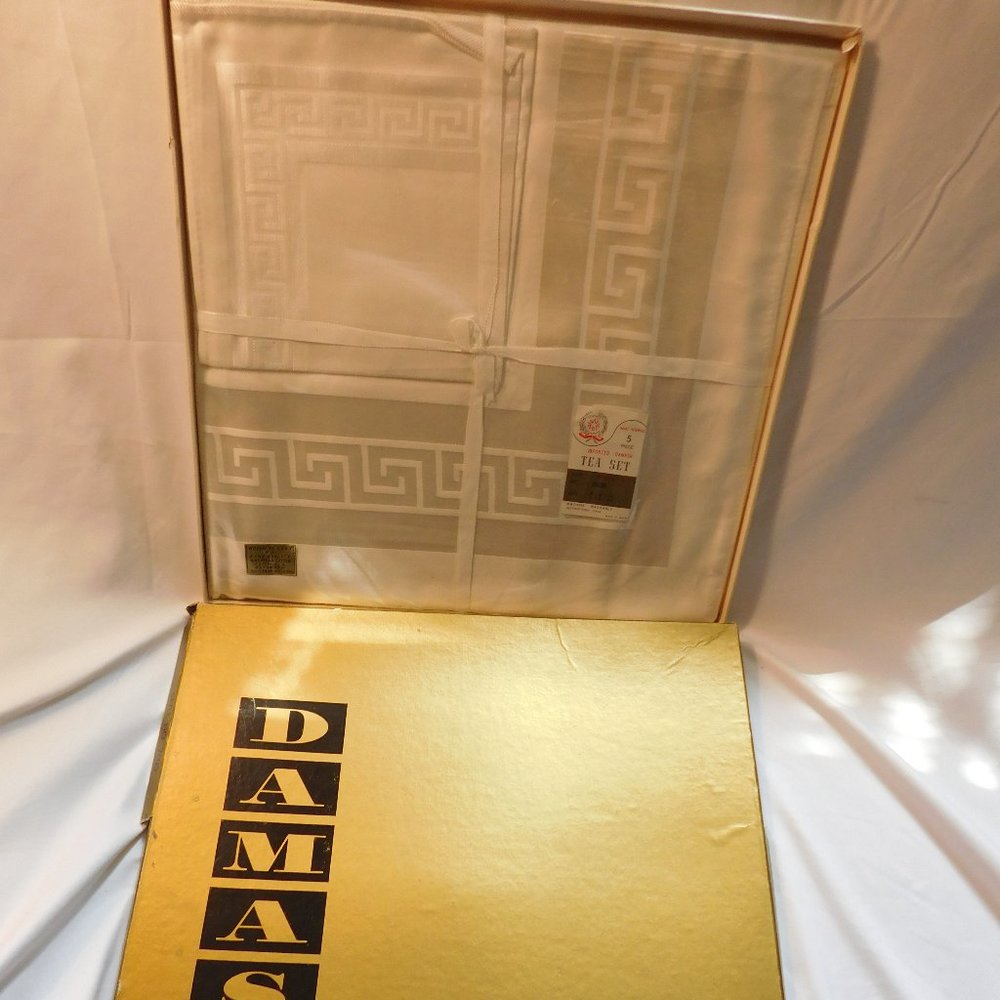 Vintage Damask Japan Five Piece Linen Tea Set Greek Key BOXED NEW